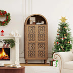 70" Tall Arched Kitchen Pantry with 5-Tier Storage Space, Boho Storage Cabinet with Hollow Carved Door, Modern Farmhouse Versatile Cupboard for Kitchen, Dining Room, Living Room, Walnut, 1 PCS