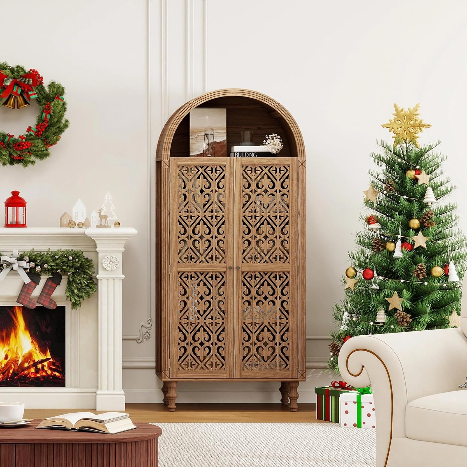 70" Tall Arched Kitchen Pantry with 5-Tier Storage Space, Boho Storage Cabinet with Hollow Carved Door, Modern Farmhouse Versatile Cupboard for Kitchen, Dining Room, Living Room, Walnut, 1 PCS