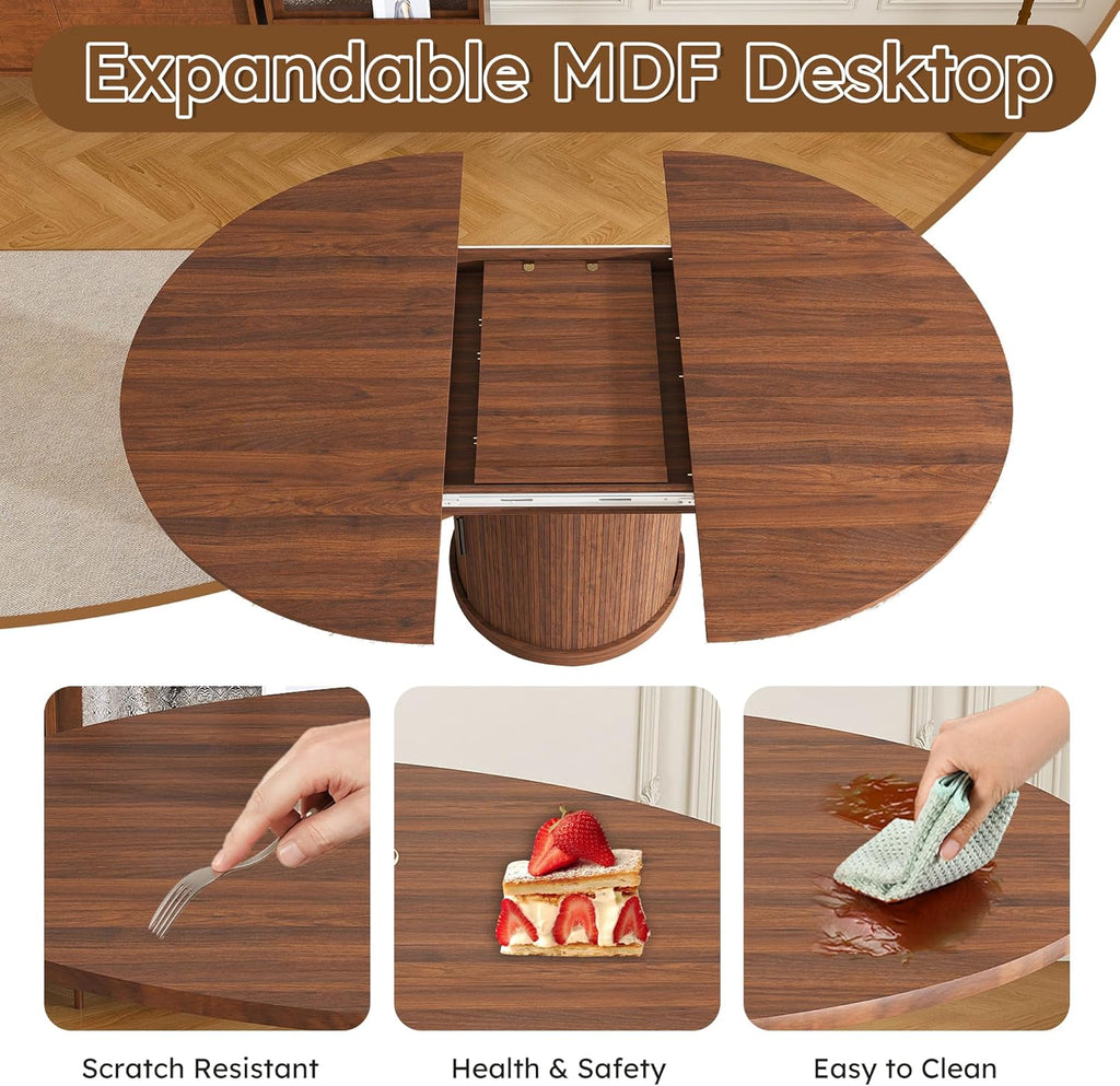Round Extendable Dining Room Table for 4 6, 47"-59" Oval Expandable Kitchen Table w/Storage Shelf and Drawer, Farmhouse Walnut Space Saving Wood Dinner Tables with Fluted Pedestal Base