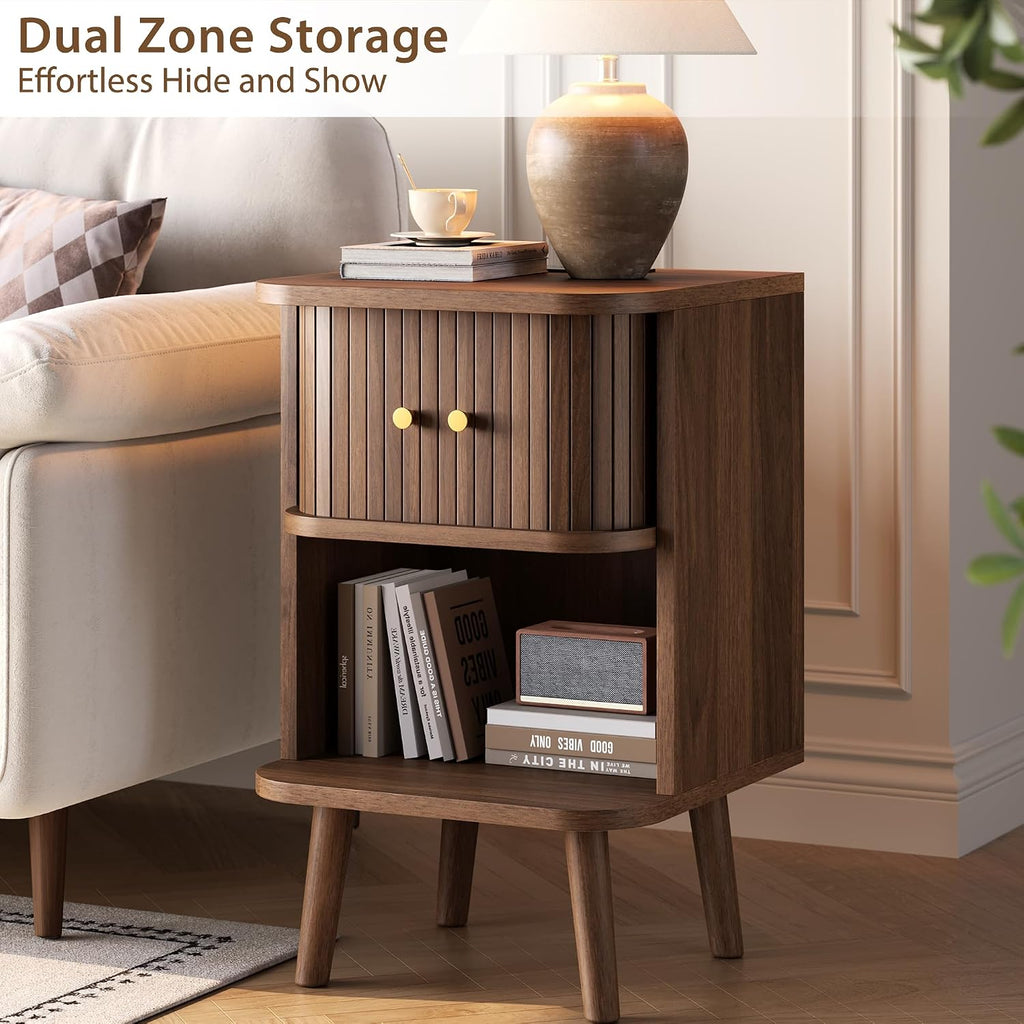 Decofy Fluted Nightstand Set of 2, Mid Century Modern Bedside Table with Charging Station, Walnut End Tables with Sliding Tambour Doors, Storage Cabinet and Open Shelf for Bedroom, Walnut