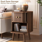 Decofy Fluted Nightstand Set of 2, Mid Century Modern Bedside Table with Charging Station, Walnut End Tables with Sliding Tambour Doors, Storage Cabinet and Open Shelf for Bedroom, Walnut