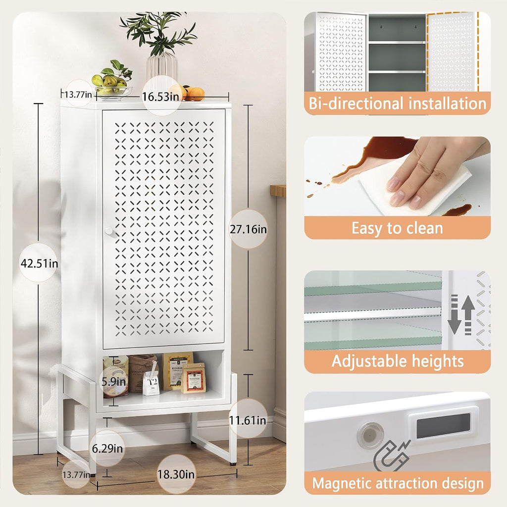 LEYNOT Small Bathroom Storage Cabinet,Metal Pantry Cabinet with Door and Adjustable Shelves,42.51x 16.53x13.77 Cupboard for Kitchen,Living Room,Entryway,Dining Room (Openwork X-Shaped, White)
