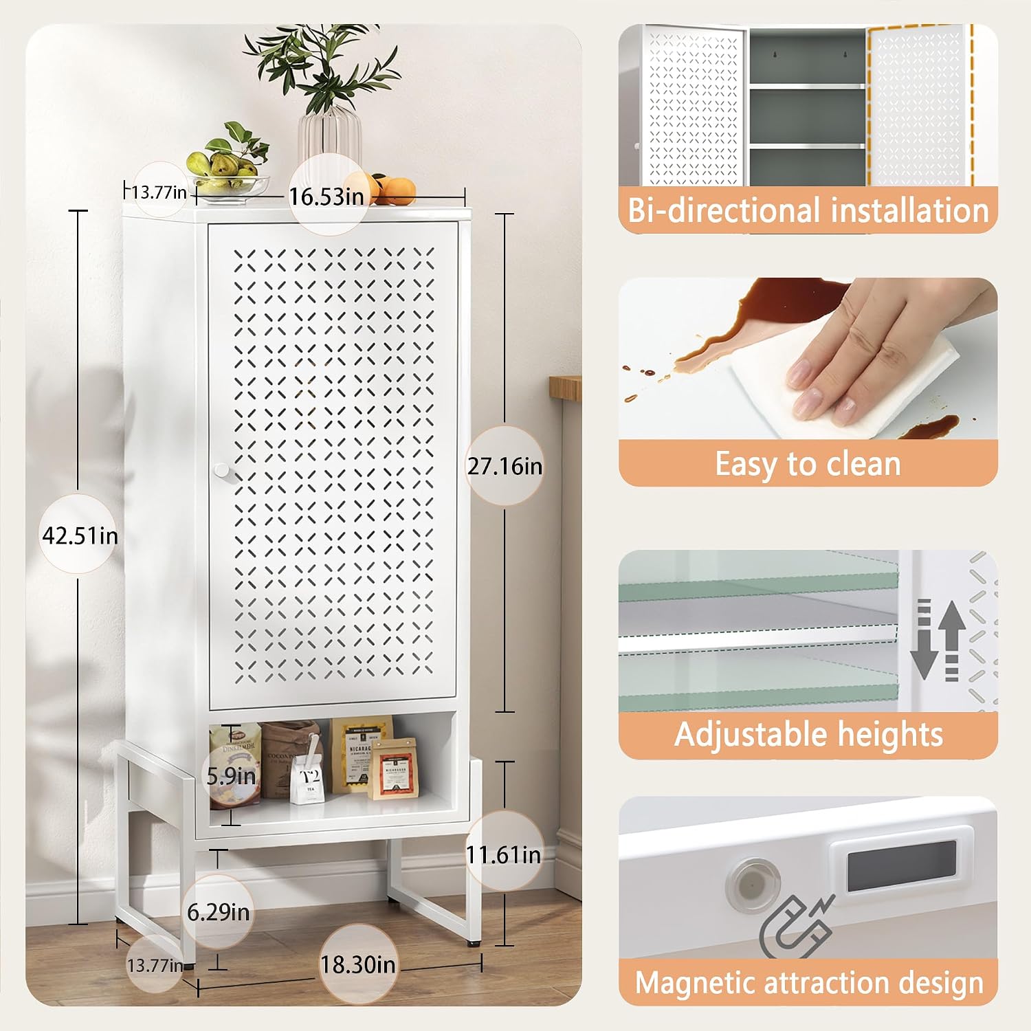 LEYNOT Small Bathroom Storage Cabinet,Metal Pantry Cabinet with Door and Adjustable Shelves,42.51x 16.53x13.77 Cupboard for Kitchen,Living Room,Entryway,Dining Room (Openwork X-Shaped, White)