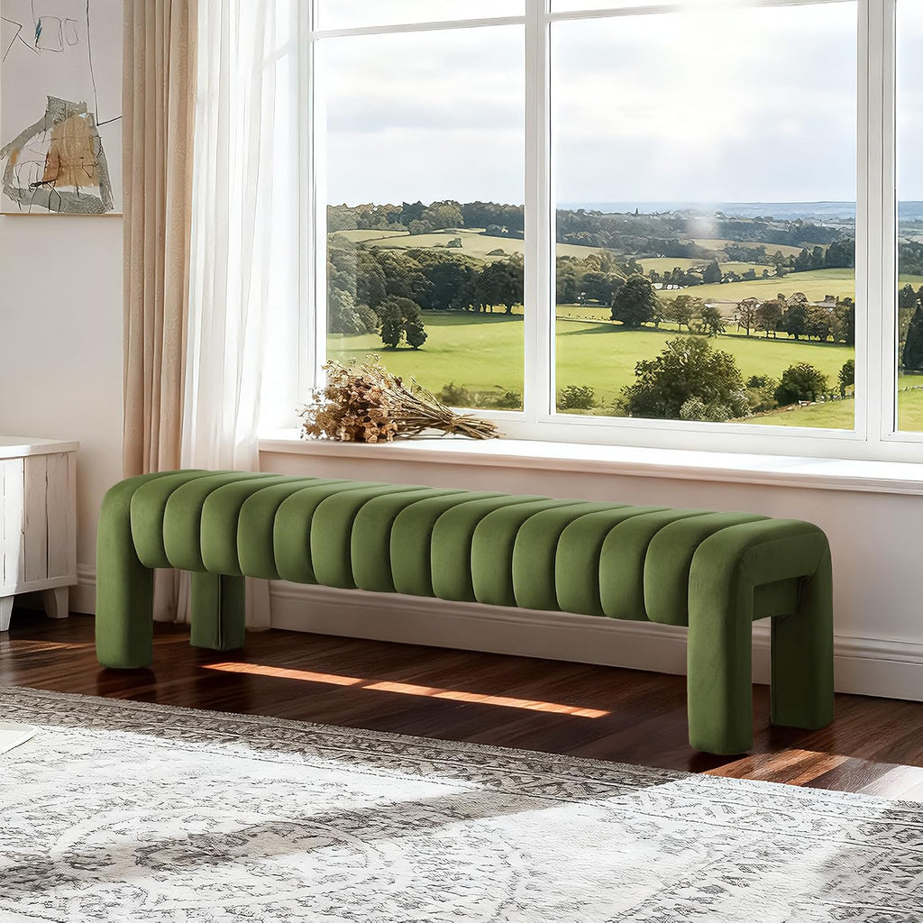 63’’ Bedroom Bench, Upholstered End of Bed Bench with Solid Wood Legs, Modern Dining Bench with Full Covered Fabrics for Entryway, Bedroom, Living Room (Green, Velvet)