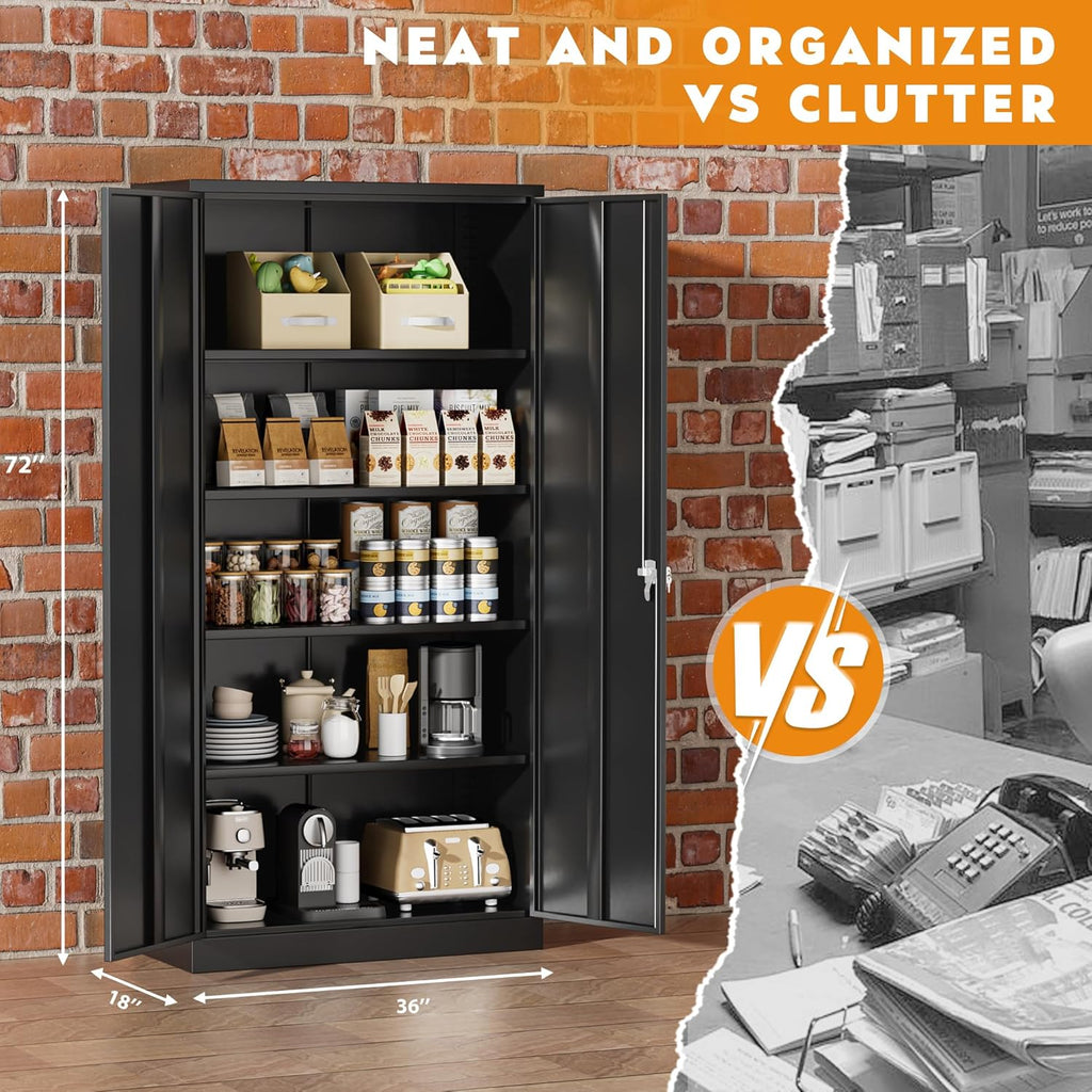 Greenvelly Steel SnapIt Storage Cabinet, 72" Locking Metal Garage Storage Cabinet with 4 Adjustable Shelves, 2 Doors and Lock for File, Office, Garage, Home (Black)