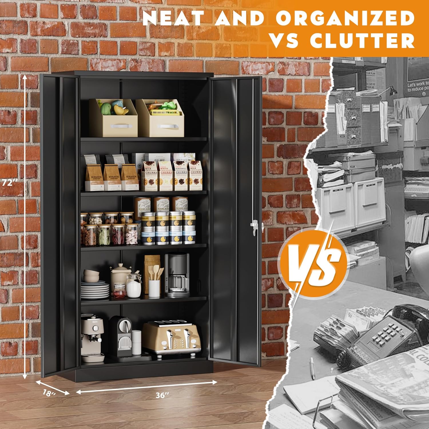 Greenvelly Steel SnapIt Storage Cabinet, 72" Locking Metal Garage Storage Cabinet with 4 Adjustable Shelves, 2 Doors and Lock for File, Office, Garage, Home (Black)