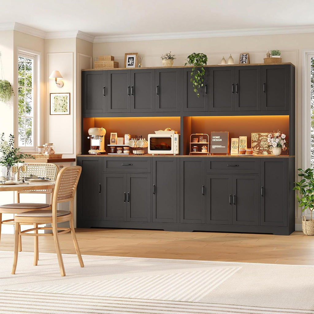 HITHOS 70" LED Kitchen Pantry Cabinet with Charging Station, 47" Wide Pantry Storage Cabinet with Large Microwave Stand, Modern Kitchen Hutch with Drawers for Dining Room, Black