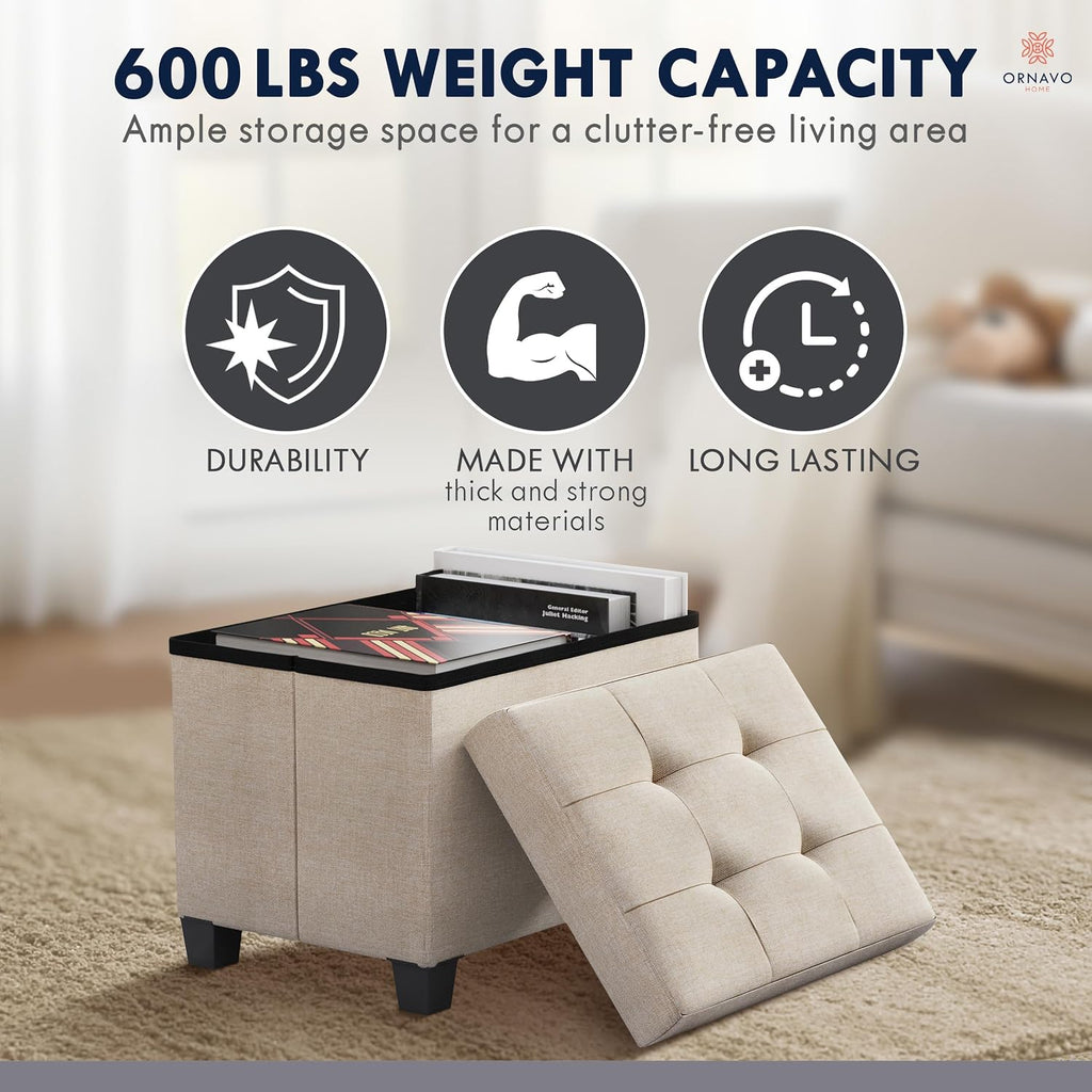 Ornavo Home Small Rectangle Storage Ottoman with Legs, 12x16x12, Beige | Foot Rest Stool Seat; Holds Up to 600 lbs; Ideal for Living Room, Bedroom, Home Office or Dorm