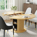 47"-63" Extendable Round-to-Oval Dining Table with Double-Layer Hidden Storage, Fluted Cylindrical Base and Sliding Doors, Modern Farmhouse Kitchen Table for Dining Room or Office, Oak