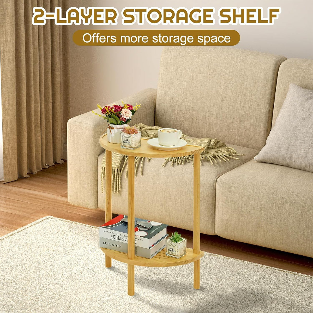 End Table Half Moon Side Tables, 2 Tier Half Round Side Table, Sofa Side Half Round Table with 2-Tier Storage Shelves, Nightstand for Living Room, Bedroom, Small Space, Rustic Brown, Boho Side Table