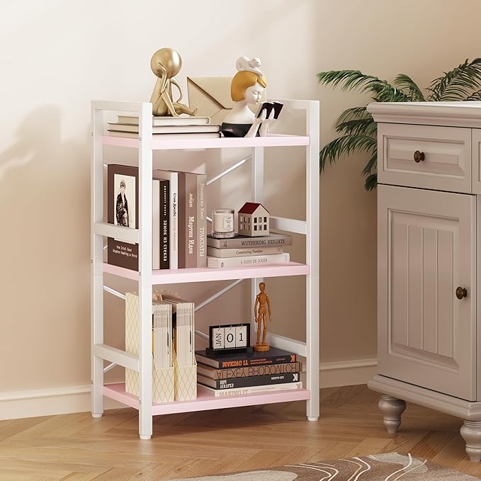 Homeiju Pink Bookshelf, 3 Tier Industrial Bookcase, Metal Small Bookcase, Rustic Etagere Book Shelf Storage Organizer for Living Room, Bedroom, and Home Office(Pink) Patent Pending D29873033