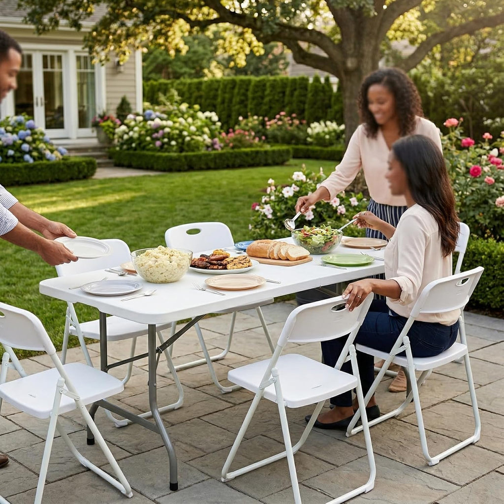 Folding Table and Chairs Set, 6 Foot Foldable Long Plastic Table with 6 Plastic Folding Chairs, Portable Set for Parties, Event, Training, Craft, Wedding, and Commercial Use