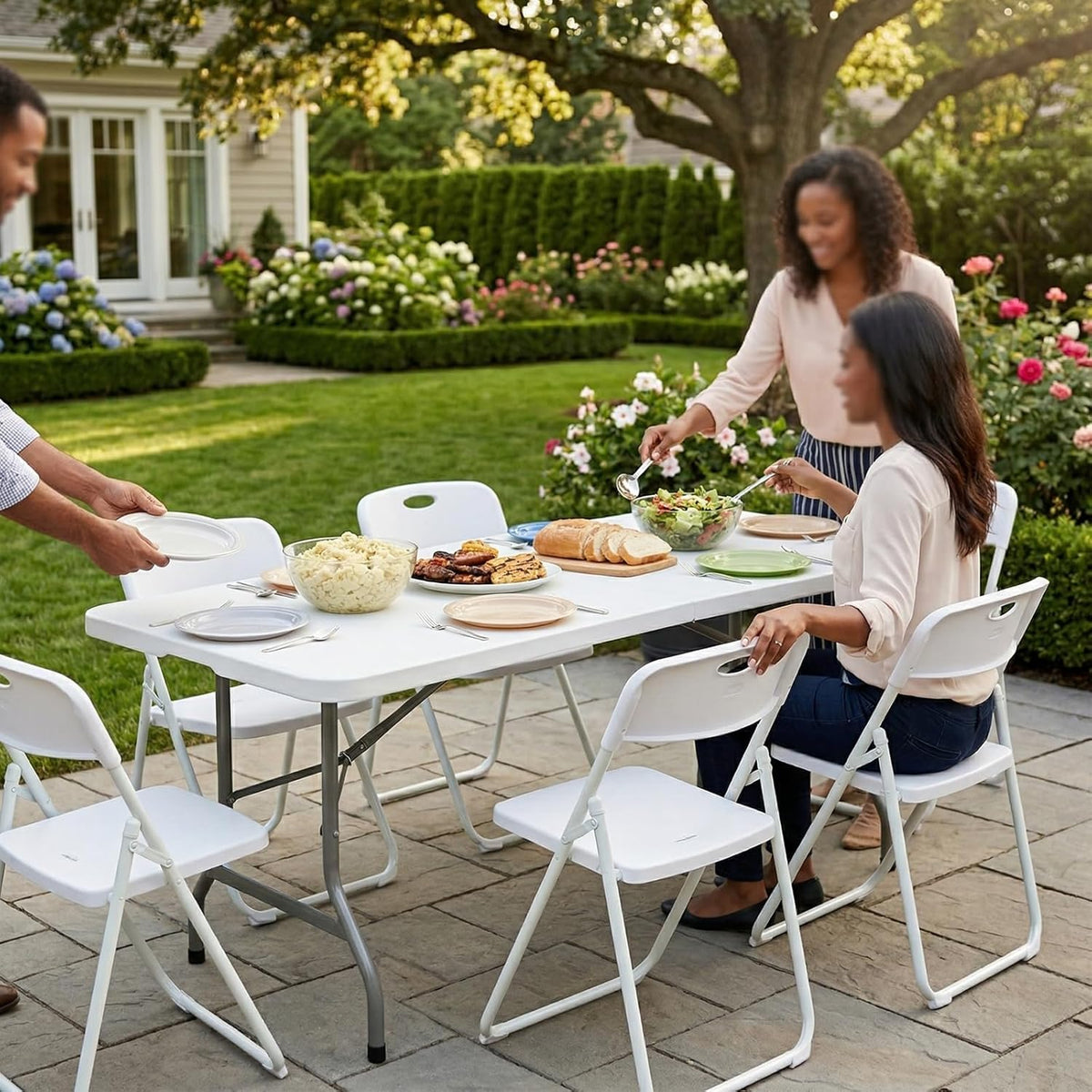 Folding Table and Chairs Set, 6 Foot Foldable Long Plastic Table with 6 Plastic Folding Chairs, Portable Set for Parties, Event, Training, Craft, Wedding, and Commercial Use