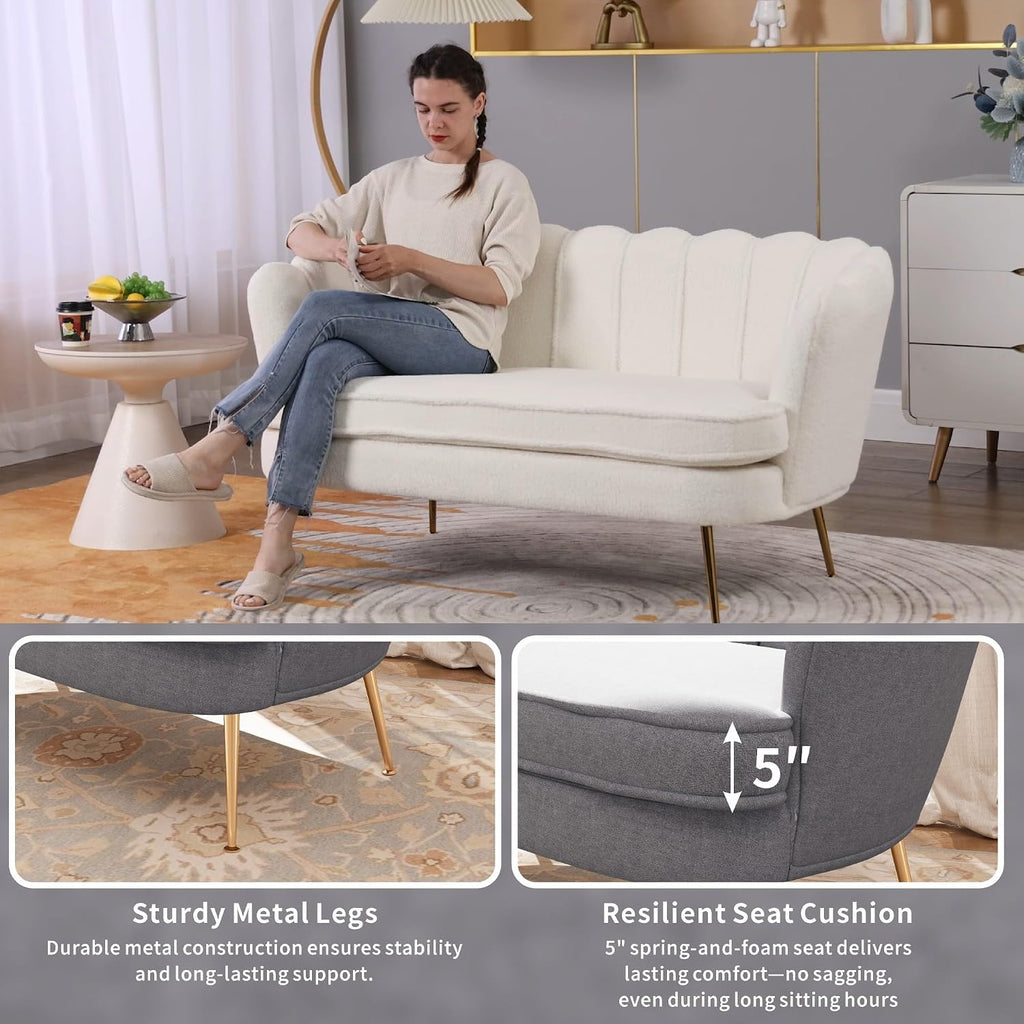 59'' Loveseat Sofa, Modern Chenille 2-Seater Sofa with Golden Legs, Comfy Upholstered Shell Accent Couch for Studio, Living Room, Store, Office (Light Grey).