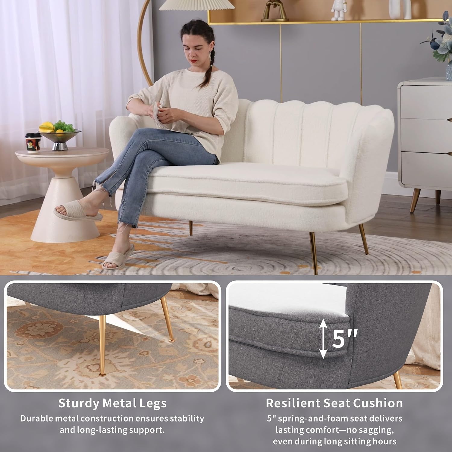 59'' Loveseat Sofa, Modern Chenille 2-Seater Sofa with Golden Legs, Comfy Upholstered Shell Accent Couch for Studio, Living Room, Store, Office (Light Grey).