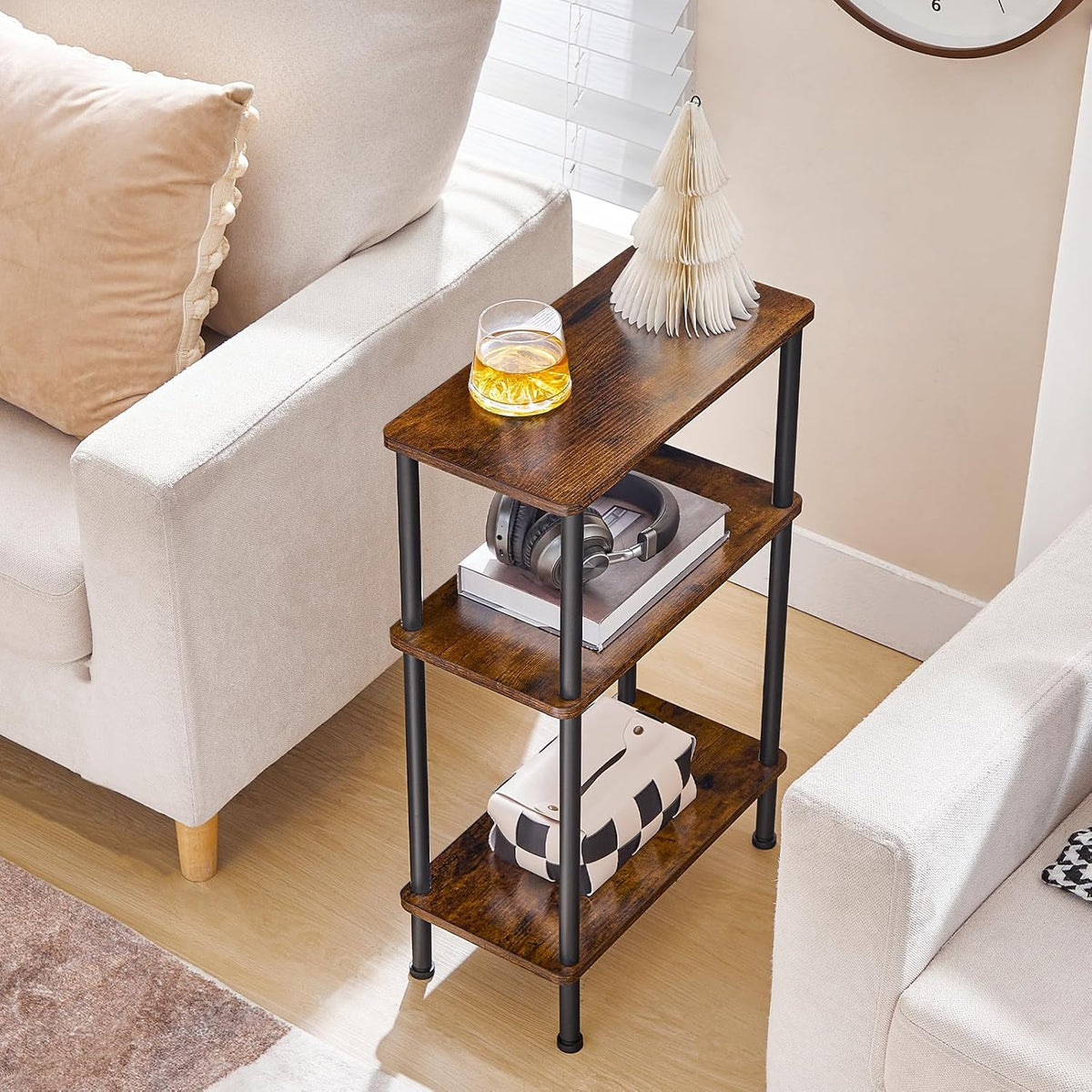 HOOBRO Narrow Side Table, 3-Tier Slim End Table No Tools Needed, Twist-On Assembly, Skinny Nightstand Sofa Storage Shelf for Living Room, Bedroom, Study, Rustic Brown and Black BF246BZ01N1
