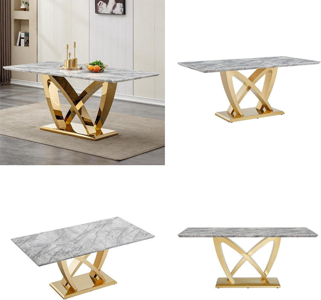 Modern Dining Table 70" Rectangular Kitchen Table with Imitation Marble Grain MDF Wooden Top & Iniregular Gold Base,Faux Marble Dinner Furniture for Kitchen Dining Room/Meeting Room