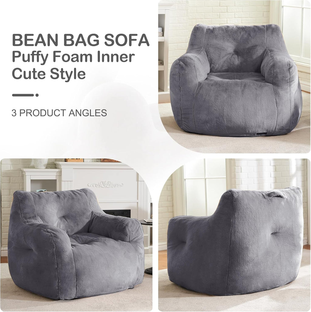 Hobestluk Furry Bean Bag Chair with Arms, Foam Filler for Adult, Grey | Soft Faux Fur Cover, High-Density Resilient Foam, Wide Backrest & Arm-rest, Carrying Handle, Fits Small Spaces, No Assembly