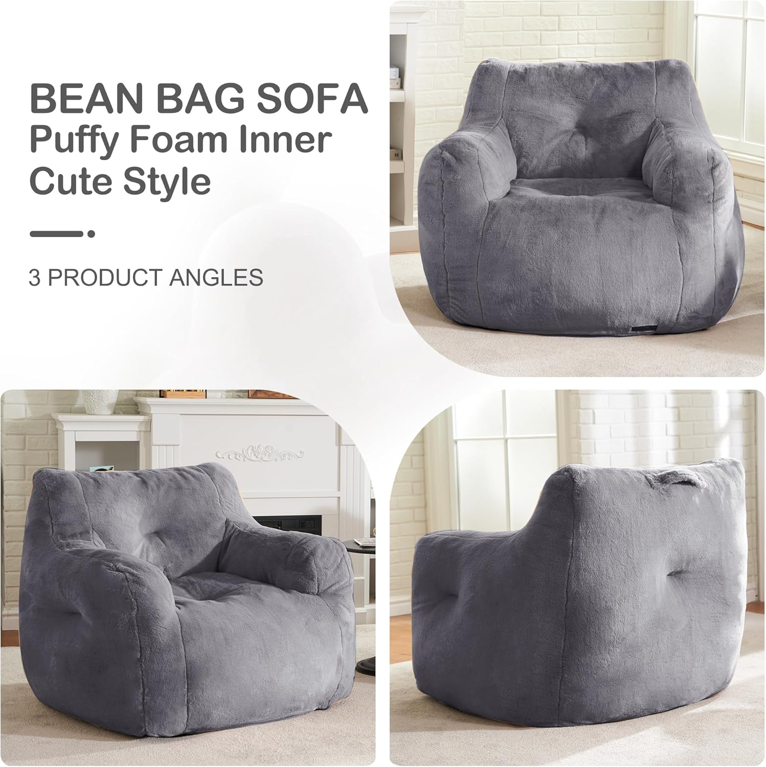 Hobestluk Furry Bean Bag Chair with Arms, Foam Filler for Adult, Grey | Soft Faux Fur Cover, High-Density Resilient Foam, Wide Backrest & Arm-rest, Carrying Handle, Fits Small Spaces, No Assembly