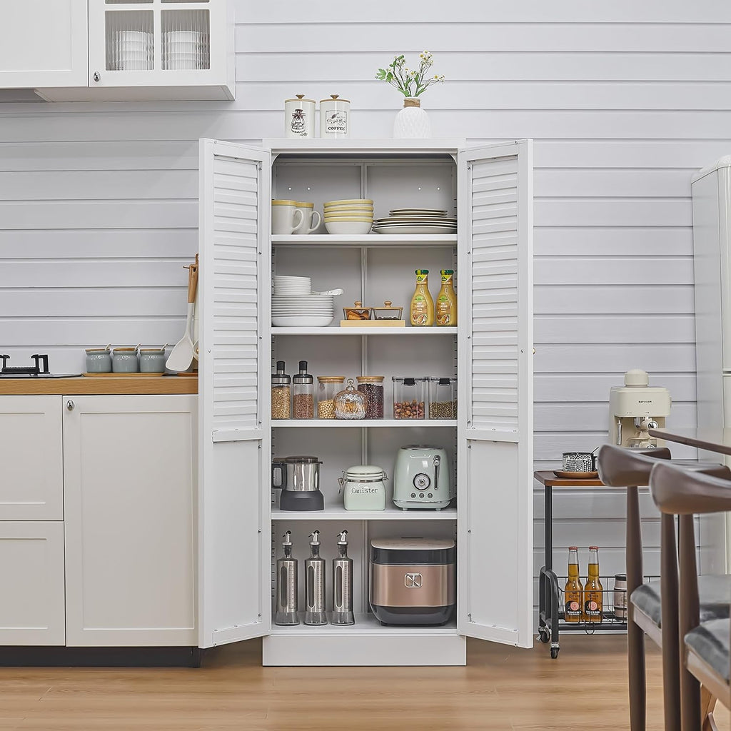 Metal Pantry Cabinet, Freestanding Kitchen Storage Cabinet with Doors and 4 Adjustable Shelves, Narrow Tall Food Pantry for Dining Room, Laundry Room,61-Inch White