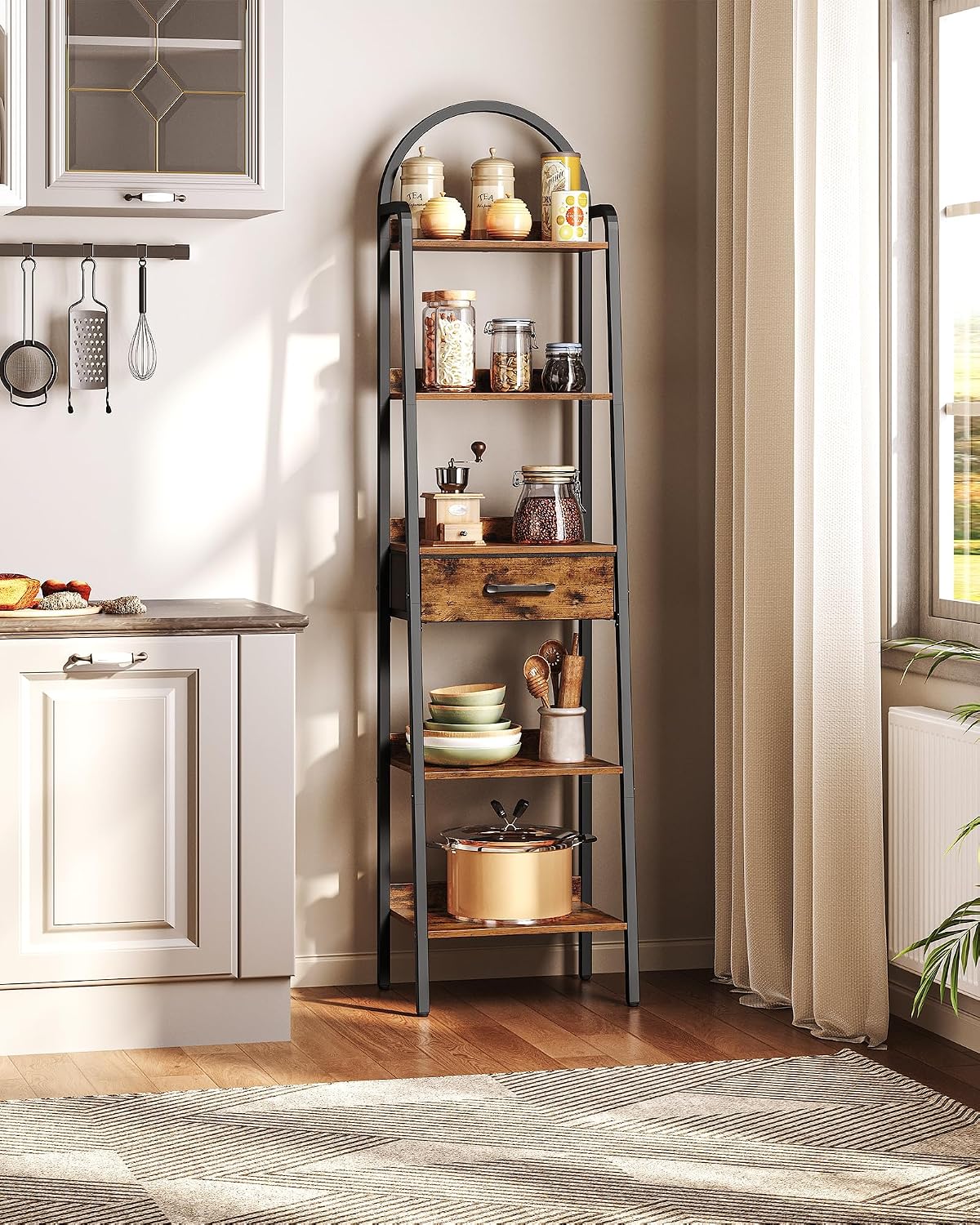 CHOEZON 5 Tier Ladder Shelf with Drawer, Tall Ladder Bookshelf, Standing Bookcase with Metal Frame for Living Room, Bathroom, Home Office, Study, Balcony, Rustic Brown and Black TCJ07BF