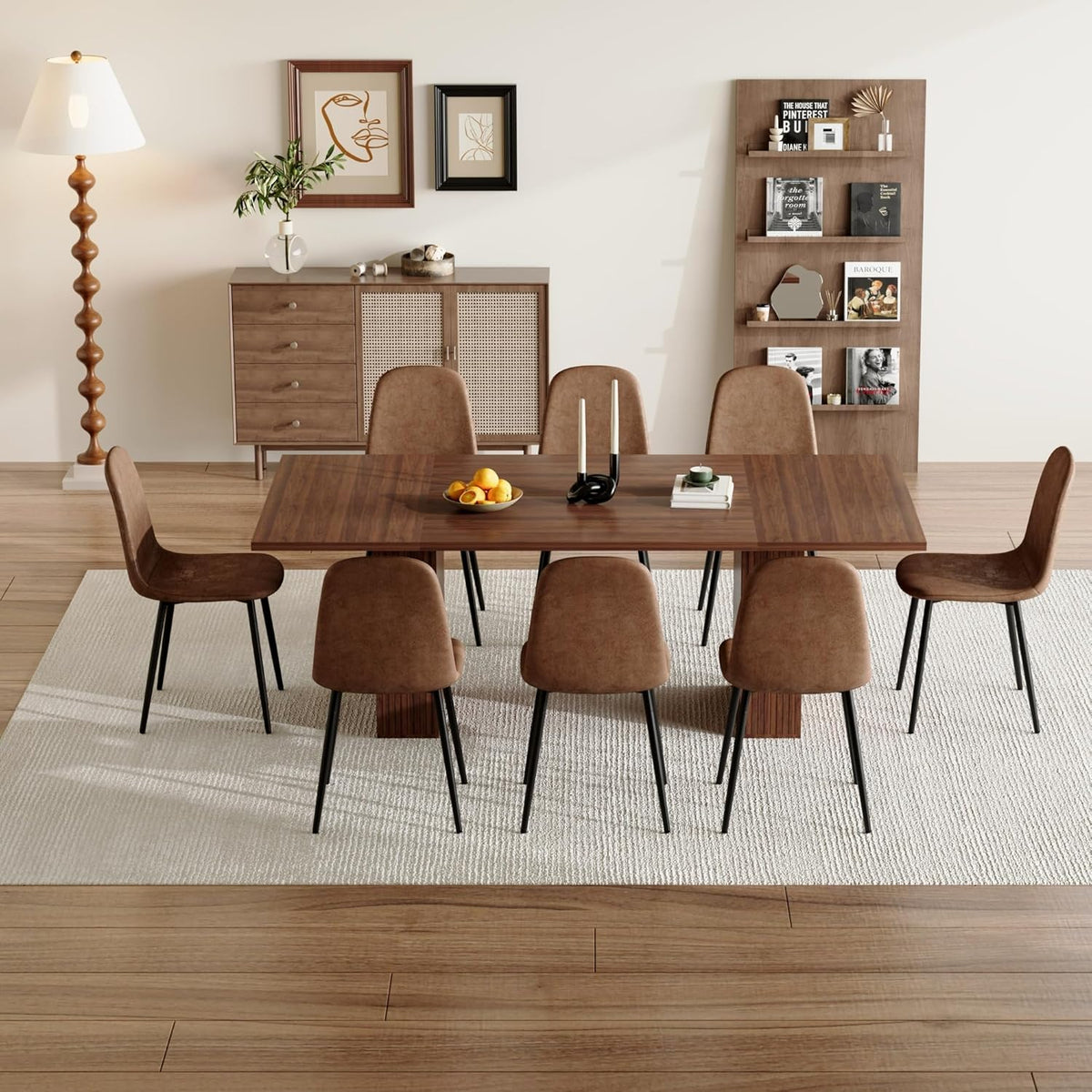 78.74" Dining Table Set for 8 with Storage Cabinet, Large Rectangular Dining Table Set with 8 Upholstered Chairs, 9 Piece Walnut Dining Room Table and Chairs Set for Big Family