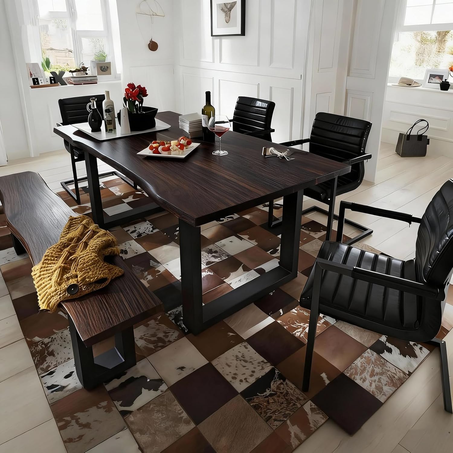 Industrial Solid Wood Dining Table,2" Solid Wood Top,Live Edge Style Kitchen Table for 4-8 People,Farmhouse Dining Room Table for Home, Restaurant or Coffee Shop