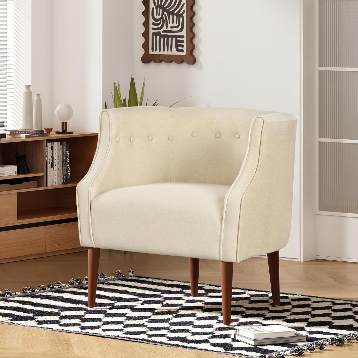 Christopher Knight Home Brandi Mid-Century Modern Fabric Upholstered Accent Chair, Wooden Living Room/Bedroom Comfy Reading Chair, Button Tufted Lounge Chair, Thick-Padded Seat Relaxing Armchair,Beige