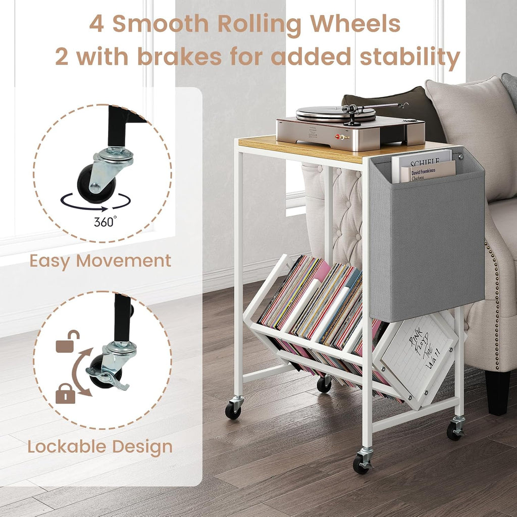 GOFLAME Rolling Record Player Stand, 2-Tier Turntable Stand with Fabric Side Pocket, Bottom Storage Shelf & Wheels, Movable Vinyl Storage Shelf for Living Room, Bedroom, Natural & White