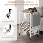 GOFLAME Rolling Record Player Stand, 2-Tier Turntable Stand with Fabric Side Pocket, Bottom Storage Shelf & Wheels, Movable Vinyl Storage Shelf for Living Room, Bedroom, Natural & White