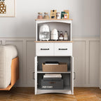 Modern White Wooden Kitchen Pantry Cabinet with Microwave Stand, Storage Drawer & Adjustable Shelf – Space-Saving Organizer for Small Kitchens