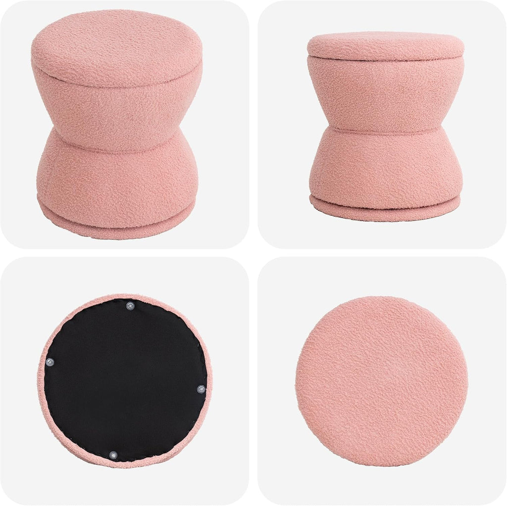 DHMAKER Round Storage Ottoman, Swivel Teddy Vanity Stool Chiar,Modern Sherpa Footstool, Makeup Chair Upholstered Footrest for Living Room, Bedroom, Entryway,Pink