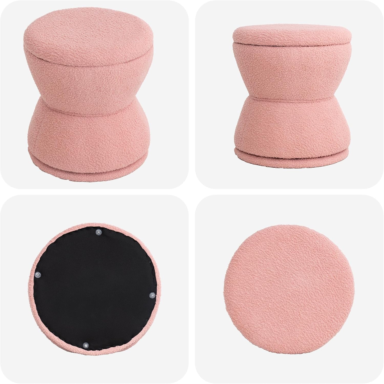 DHMAKER Round Storage Ottoman, Swivel Teddy Vanity Stool Chiar,Modern Sherpa Footstool, Makeup Chair Upholstered Footrest for Living Room, Bedroom, Entryway,Pink