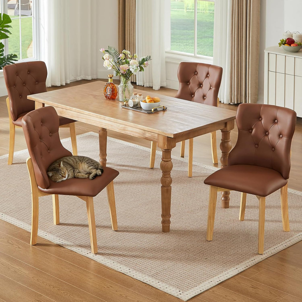 Faux Leather Dining Chairs Set of 4, Upholstered Dining Room Chair with Button Tufted, Solid Wood Legs, Mid Century Modern, Luxury Wingback Side Chair for Living Room, Kitchen, Restaurant, Brown