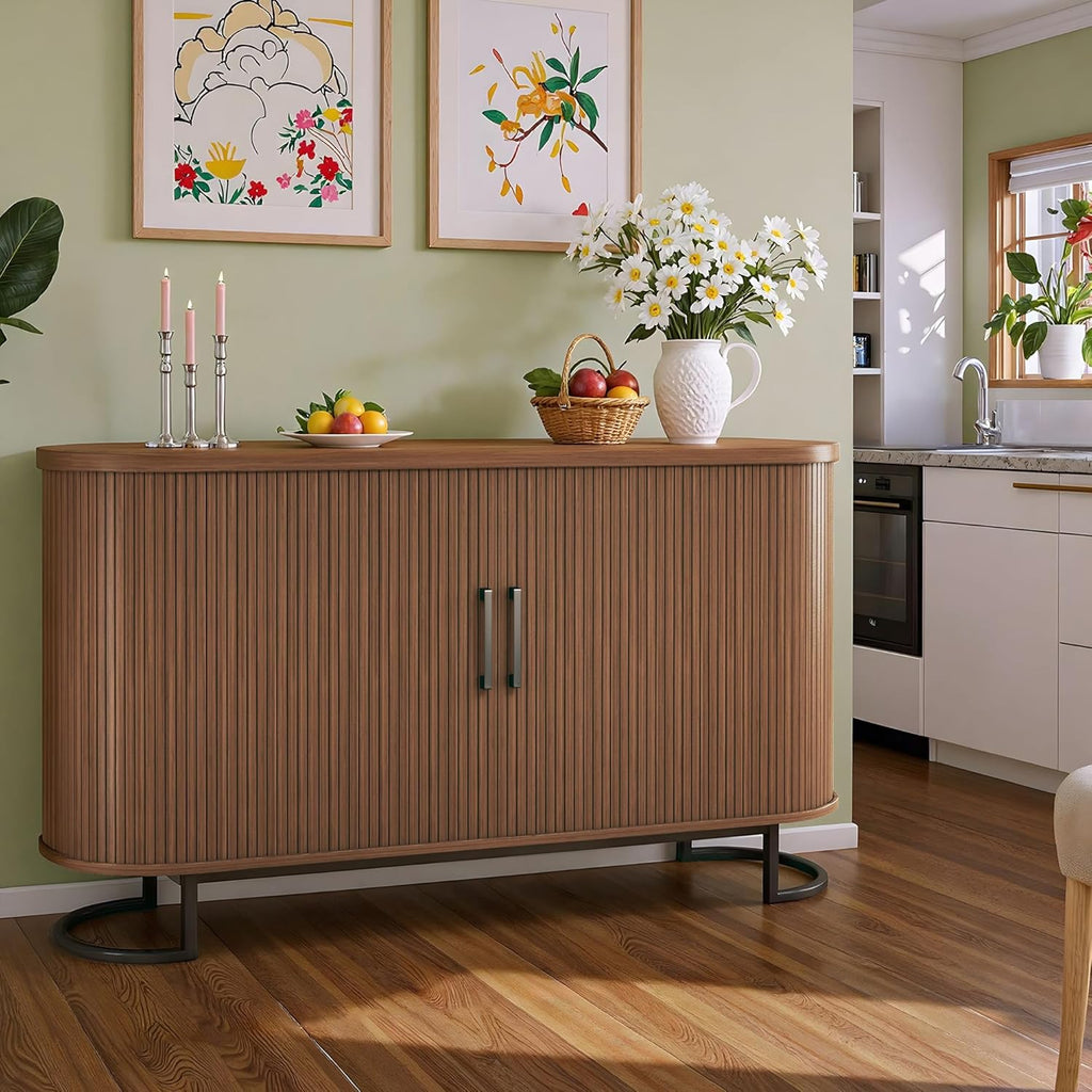 HUAHUU Sideboard Buffet Cabinet with Storage, 54.3" Storage Cabinet with Sliding Door & Adjustable Shelf, Mid Century Modern Coffee Bar Console Table for Kitchen, Entryway, Walnut