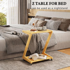 ZIYOO Z-Shaped End Table with Wheels, Natural Bamboo Couch Side Table that Slides Under Sofa/Bed, Mobile Snack Table for Living Room, Bedroom, Small Spaces