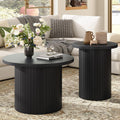 LUXOAK Nesting Coffee Table Set of 2, Mid Century Modern Round Coffee Tables, Wood Slat Side Table Set for Living Room, Office, Balcony, Textured Black