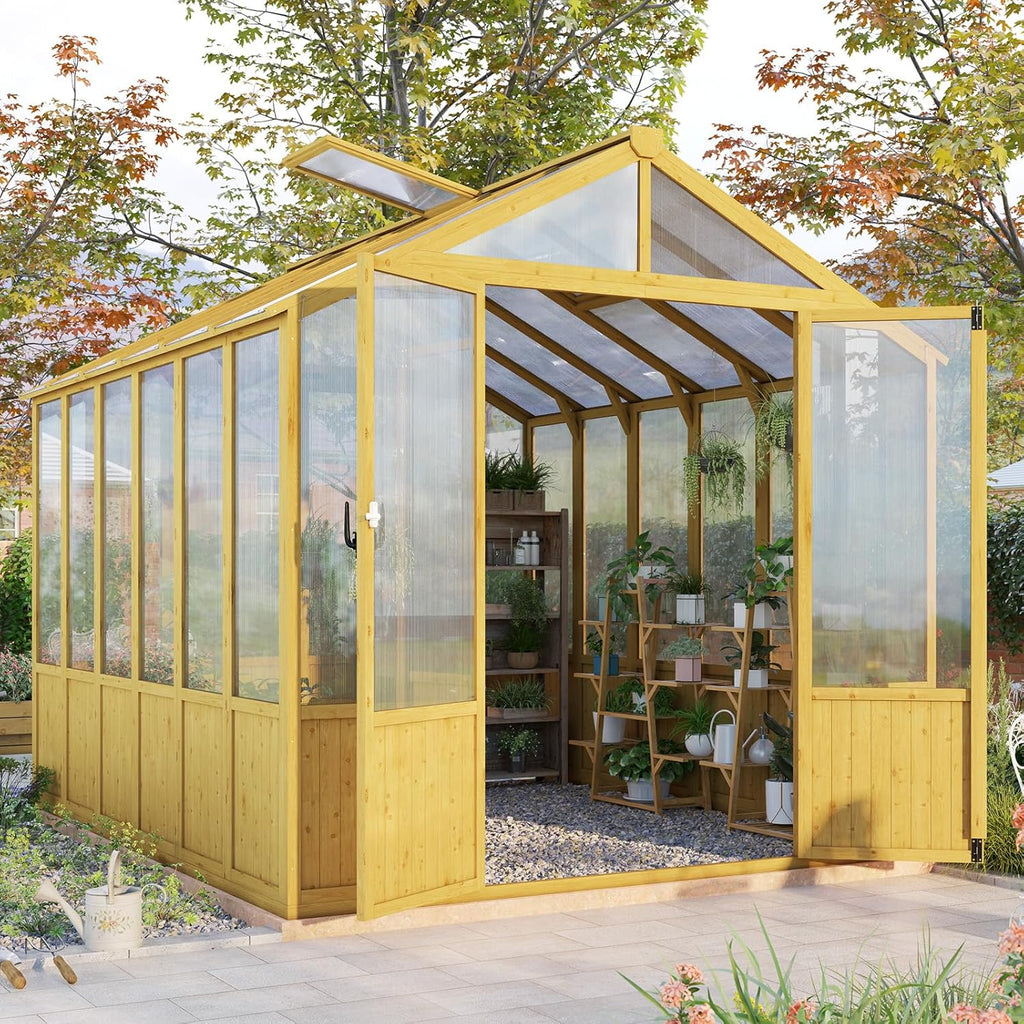 Jocisland 8x9.5x7.5 Ft Wooden Greenhouse, Pre-Assembled Solid Cedar Frame, Walk-in Design, Lockable Door, Adjustable Roof Vents, Polycarbonate Panels for Outdoor, Garden, Backyard