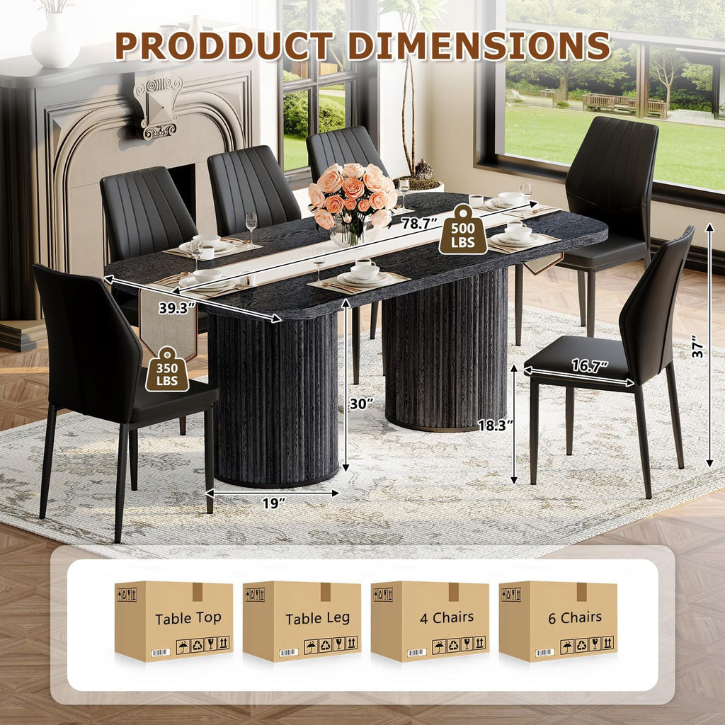79" Black Dining Table Set for 10,Large Dining Room Table Set for 10 with Fluted Double Pedestal Base & Cushioned Chairs,Modern Luxe Rectangular Wood Kitchen Table Set for Family Gatherings