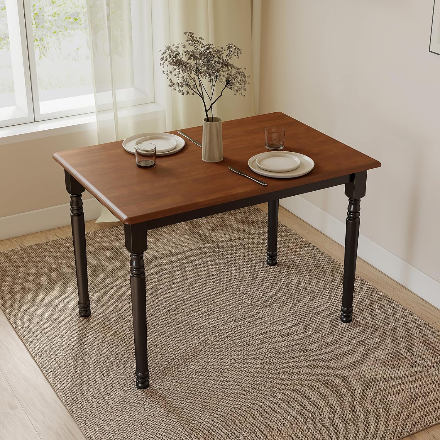 Kmax Small Dining Table for 2-4, Solid Wood Dining Table for Small Spaces 2 Person Rectangle Kitchen Table Space Saving Dinner Table for Apartment - Walnut Top, Black Legs