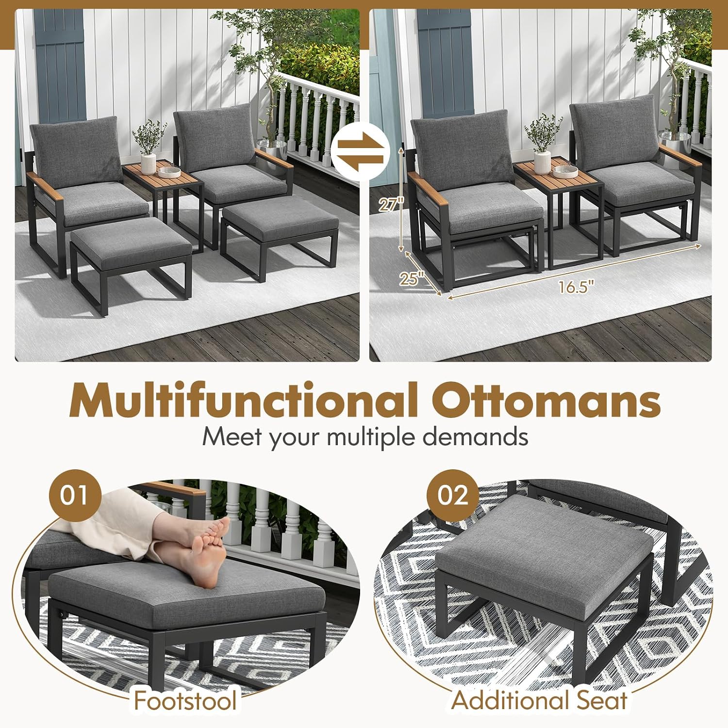 Tangkula Patio Ottoman Footrest, 220 LBS Capacity Outdoor Foot Stool with Cushion, All-Weather Aluminum Frame Footrest for Patio Furniture, Grey
