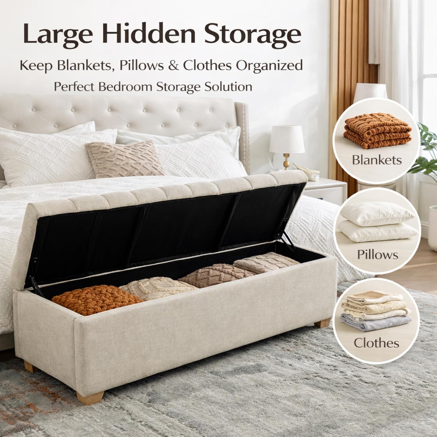 60.2" Storage Bench, End of Bed Storage Benches, Chenille Fabric Upholstered Ottoman Bench with Safety Hinge for Living Room Entryway Bedroom Hallway
