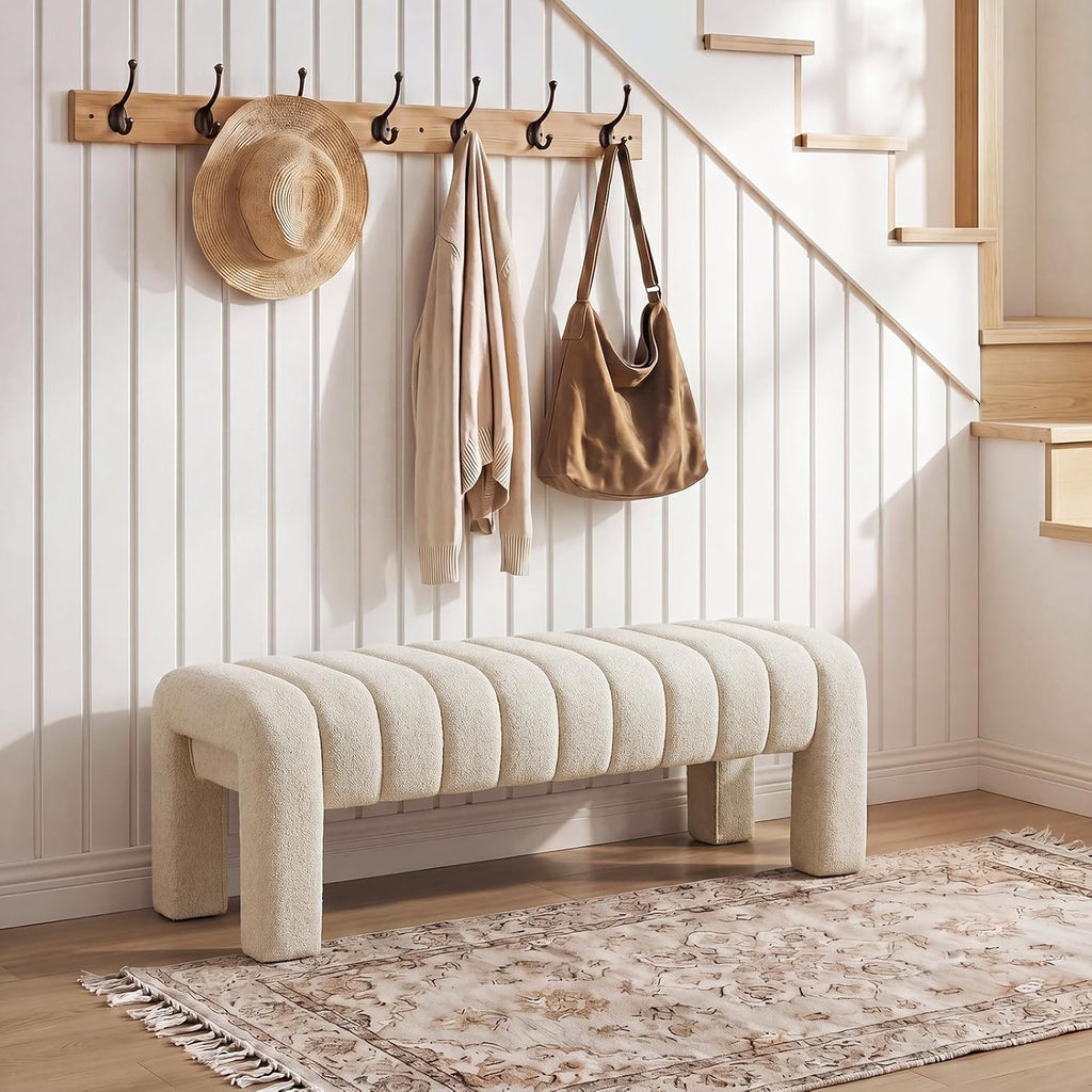 43’’ Bedroom Bench, Upholstered End of Bed Bench with Solid Wood Legs, Modern Small Dining Bench with Full Covered Fabrics for Entryway, Bedroom, Living Room (Beige, Linen)