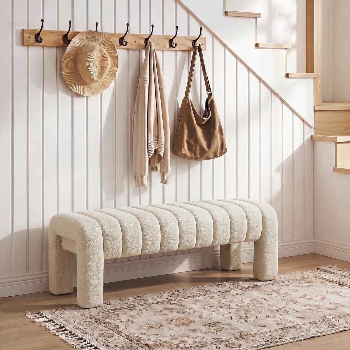 43’’ Bedroom Bench, Upholstered End of Bed Bench with Solid Wood Legs, Modern Small Dining Bench with Full Covered Fabrics for Entryway, Bedroom, Living Room (Beige, Linen)