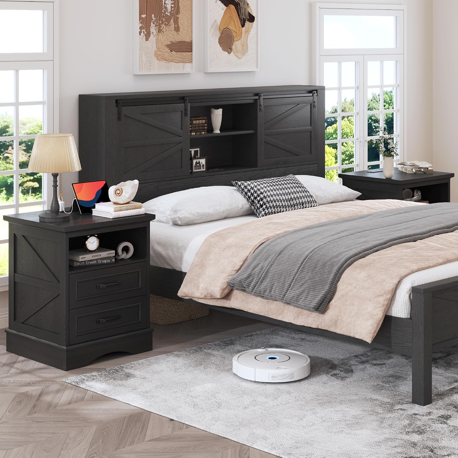 Fluest 24" Tall Farmhouse Nightstands Set of 2, Night Stands with Fast Charging Station, Beside Tables with Drawers and Open Storage, Rustic End Tables for Bedroom, Antique Black
