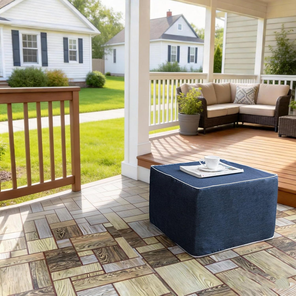 Outdoor Ottoman 20x20x14 Inches Outdoor Square Ottomans for Patio Modern Lightweight Foam Stuffed Pouf Outdoor Footstool Footrest (Navy Blue)
