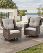 Patio Chairs Outdoor Swivel Glider - Set of 2 High Back Outside Brown Wicker Rattan Rocking Chair with Thick Cushion for Porch Apartment Deck Yard Poolside Garden - Beige