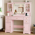 BORNOON Vanity Desk with Lights, Large LED Mirror with 3 Color Modes, Makeup Vanity with Power Outlet & USB Ports, 6 Drawers & 2 RGB Glass Cabinets, Farmhouse Dressing Table for Women & Girls (Pink)