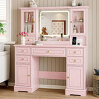 BORNOON Vanity Desk with Lights, Large LED Mirror with 3 Color Modes, Makeup Vanity with Power Outlet & USB Ports, 6 Drawers & 2 RGB Glass Cabinets, Farmhouse Dressing Table for Women & Girls (Pink)