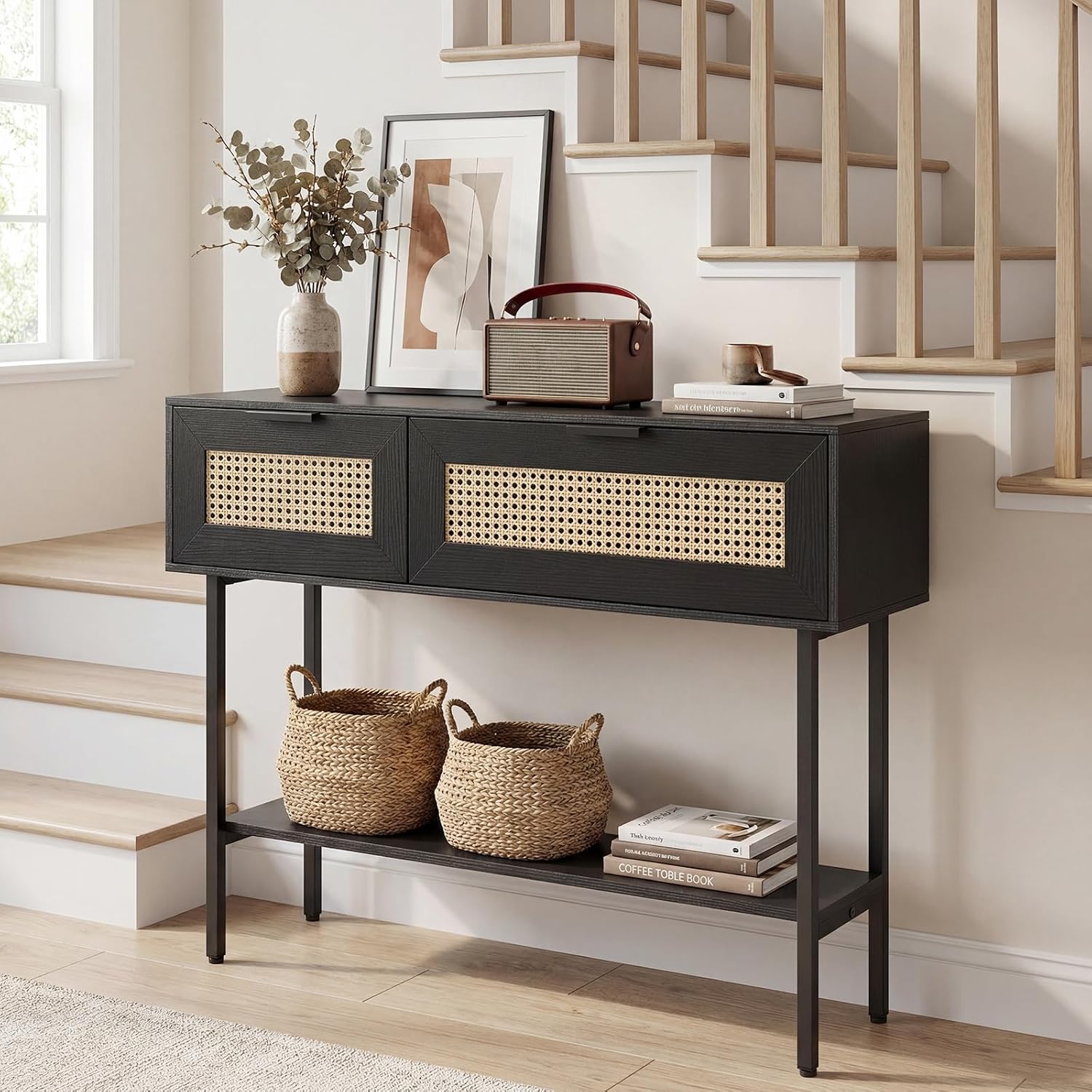 Giantex Rattan Console Table with Storage, 40" Boho Entryway Table w/ 2 Flip Door Cabinets & Shelf, Metal Frame, 2 Anti-Tipping Kits, Narrow Long Behind Couch Sofa Table for Entrance Hallway, Black